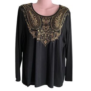 Chico's Top Women's Size 3 XL Black Gold Bling Beaded Neckline Long Sleeve Boho